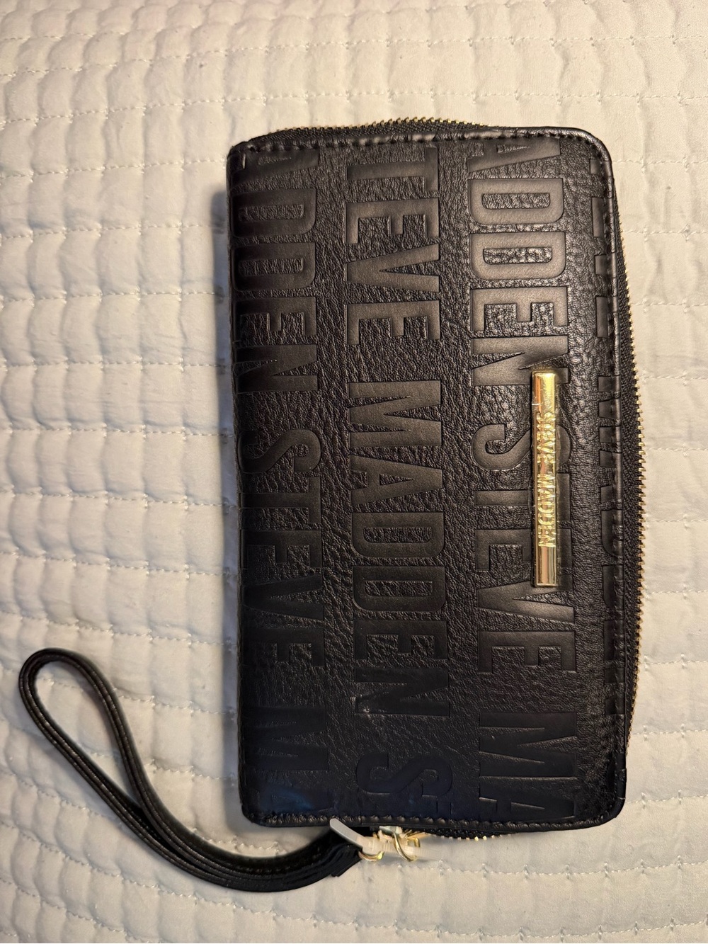 Steve Madden Black Embossed Zip Wristlet Clutch with Gold Accent